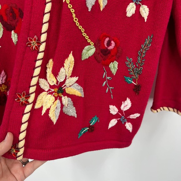 Vintage Storybrook Knits Long Sweater Cardigan Embroidered Poinsettia Large - Picture 9 of 10